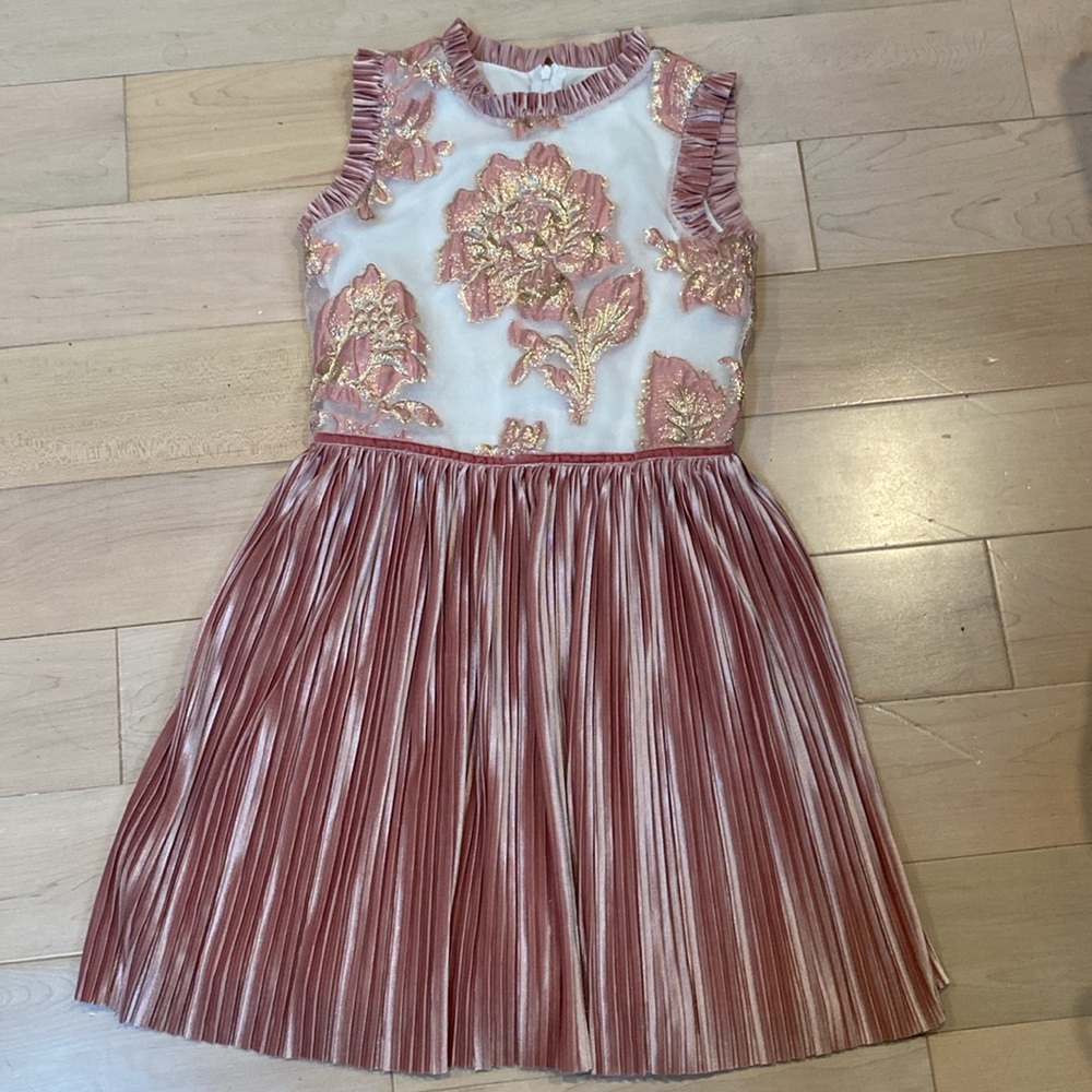 David Charles gold pink roses velvet ruffle trim pleated dress